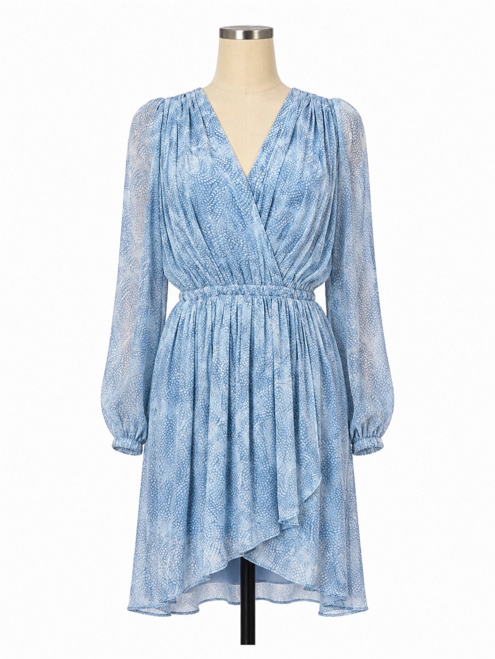 Michael Kors Surplice Faux Wrap Short Dress Ruched Long Sleeve Light Blue XL NWT